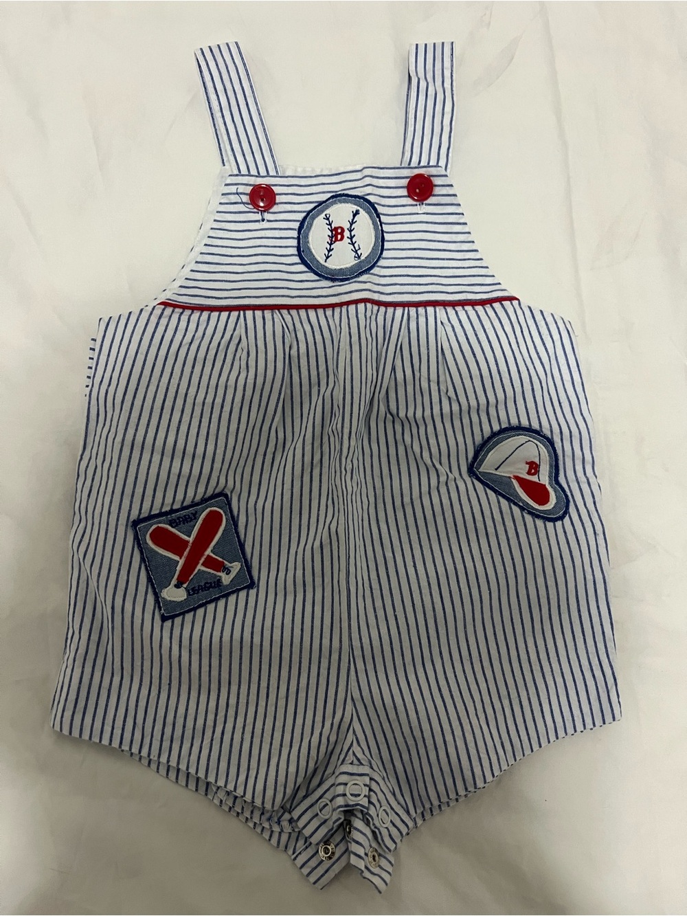 Striped Blue & White Baseball Patch Baby Shortalls